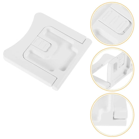Close-up of white plastic Two Pack Kid Safe Proof Cabinet Locks For Kitchen And Home Safety Plastic Drawer Latches That Keep Cabinets Closed