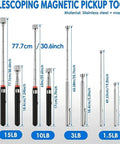 Eight Pack Telescoping Magnetic Pickup Tools with 1.5, 3, 10, and 15 lb capacity, showing extended lengths and sizes