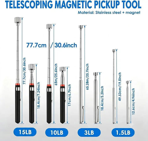 Eight Pack Telescoping Magnetic Pickup Tools with 1.5, 3, 10, and 15 lb capacity, showing extended lengths and sizes