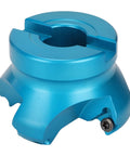 Front view of blue aluminum CNC lathe face mill head with central bore and mounting screw