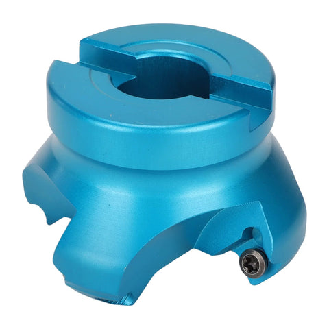 Front view of blue aluminum CNC lathe face mill head with central bore and mounting screw