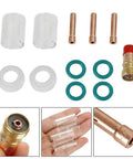 Upgrade Your Tig Welding Game With This Sweet 12 Piece Torch Accessory Kit Featuring Gas Lens And Glass Cup For Cleaner Arcs And Precise Control On Pipes And Tight Spots Without Any Turbulence Or Mess, including glass cups and copper components.