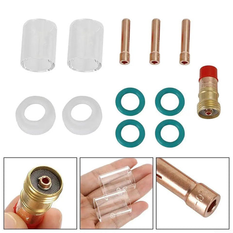 Upgrade Your Tig Welding Game With This Sweet 12 Piece Torch Accessory Kit Featuring Gas Lens And Glass Cup For Cleaner Arcs And Precise Control On Pipes And Tight Spots Without Any Turbulence Or Mess, including glass cups and copper components.