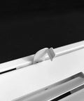 Close-up of hinge on Return Air Grille For 14x14 Duct Opening With Filter Included And Removable Door Steel White Wall Vent Cover.