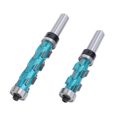 Heavy Duty Trim Spiral Router Bit 3 4 Inch Cutting Diameter With Double Bearings shown in two sizes with carbide cutting edges.