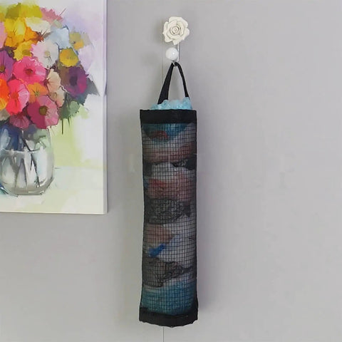 Hanging Mesh Bag Holder Dispenser For Plastic Grocery Bags, Space Saving Organizer With Elastic Opening, Black, Wall Mounted