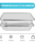 Disposable Aluminum Pans With Lids 50 Pack displayed with lids showing heating, freezing, storing, and transporting icons.