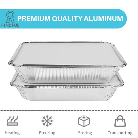 Disposable Aluminum Pans With Lids 50 Pack displayed with lids showing heating, freezing, storing, and transporting icons.