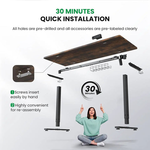 Electric Standing Desk 48 By 24 Inch Sit Stand Desk With 0.8 Inch Thick Tabletop Height Adjustable Three Memory Presets Cable Management Rock Solid Stable Base For Home Office disassembled with quick installation guide.