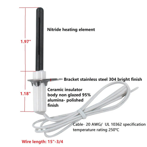 Universal Silicon Nitride 120V Ignitor For Gas Fired Furnaces And Boilers Replacement Hot Surface Igniter with dimensions and features