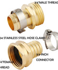Brass Garden Hose Repair Kit With Clamps For Three Quarter Inch Hoses Barb To Garden Hose Thread Fittings Includes GHT Male And Female Adapters And Rubber Gasket Water Hose Repair Set Easy Fix showing connectors and clamps.