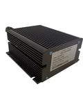 Heavy Duty Isolation DC Converter For Electric Forklifts And Golf Carts Turns 48V Or 60V Down To A Solid 12V Output With Smooth Buck Regulation And Reliable 25A Power Delivery, black metal casing, side view.