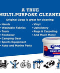 Grime Busting Hand Cleaner And Stain Remover Waterless Degreaser 14 oz container illustration with cleaning uses list