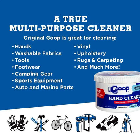 Grime Busting Hand Cleaner And Stain Remover Waterless Degreaser 14 oz container illustration with cleaning uses list