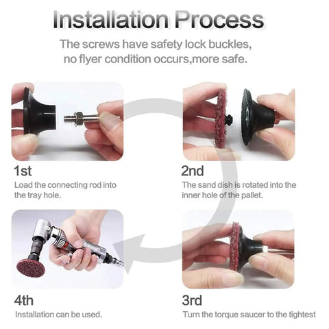 Installation process for 50mm R Type Quick Change Sanding Discs 62 Pcs Premium Grit Kit with safety features.