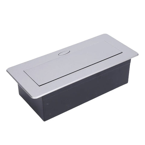 Recessed Pop Up Countertop Outlet With 20W Fast Charging Dual AC Outlets And USB A USB C Ports, sleek silver and black design.