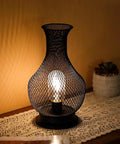 11 Inch Tall Metal Battery Operated Table Lamp In Vase Shape With Mesh Design, Cordless Led Bulb Light, Black Finish