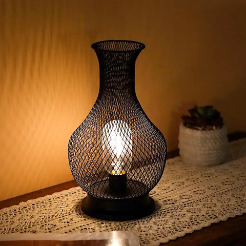 11 Inch Tall Metal Battery Operated Table Lamp In Vase Shape With Mesh Design, Cordless Led Bulb Light, Black Finish