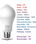 Motion Sensor LED Light Bulb For Indoor Use With Dusk To Dawn Auto On, E26 Base, 6000K Daylight, 13.5W Equals 100W, PIR Infrared Motion Activation, No Fuss Security Night Light, 4 Pack, A19 bulb