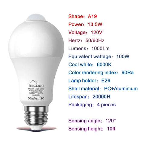 Motion Sensor LED Light Bulb For Indoor Use With Dusk To Dawn Auto On, E26 Base, 6000K Daylight, 13.5W Equals 100W, PIR Infrared Motion Activation, No Fuss Security Night Light, 4 Pack, A19 bulb
