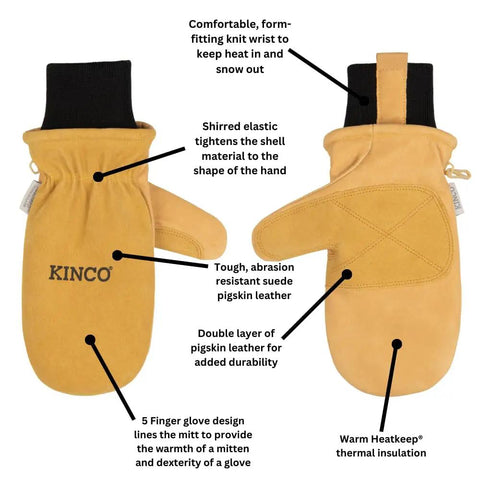 Women's Gold Suede Pigskin Work And Snowboarding Mitts featuring reinforced palm, plush thermal insulation, and elastic wrist for cold weather.