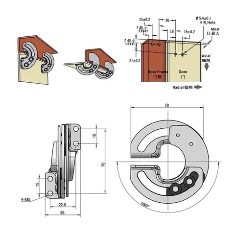 Technical drawing of Concealed Sector Sliding Hinge Rotary Door With 180 Degree Limit And Locking Mechanism