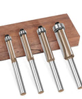 Premium 4 Piece Flush Trim Router Bit Set With Quarter Inch Universal Shank And Solid Carbide Tips for template routing, displayed on wood.