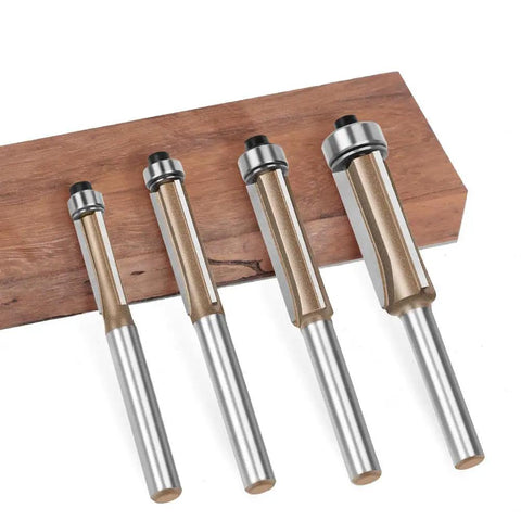 Premium 4 Piece Flush Trim Router Bit Set With Quarter Inch Universal Shank And Solid Carbide Tips for template routing, displayed on wood.
