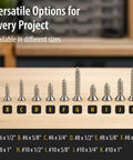 Heavy Duty Size 6 X 1/2 Inch Stainless Steel Flat Head Wood Screws, Slick Phillips Drive For Hassle Free Building, 304 Rust Proof Steel Crafted For Rugged Indoors Or Outdoors Work, Rock Solid Grip In 100 Count Box with various screw sizes displayed.