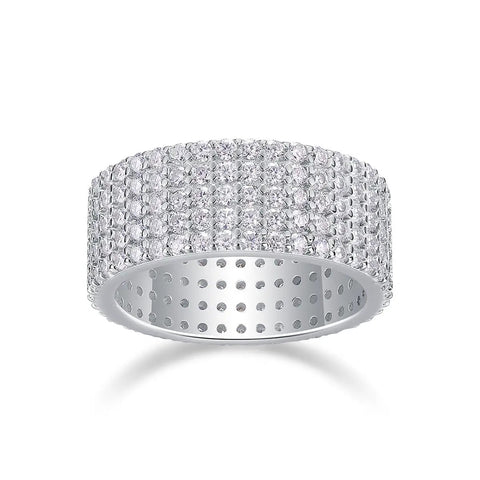 Fresh Drip Platinum Plated Moissanite Grid Engagement Ring Featuring A Smooth Wide Band And Lab Grown Diamond Sparkle Set In Solid Certified 925 Sterling Silver Ring For Her in a close-up view.