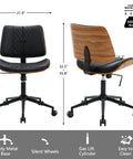 Front and back view of armless office chair with wheels, adjustable height, PU leather, 360 degree swivel, sleek walnut accent, black.