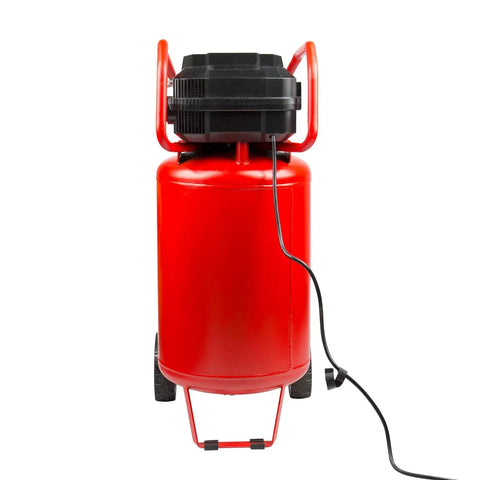 20 Gallon Oil Free Air Compressor With 1.8 HP Motor Pushing A Full 175 PSI visible from the back with power cord in vivid red.