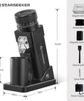 Legendary Electric Coffee Grinder With 55mm Titanium Conical Burr And Dead Straight Stepless Dial Featuring Anti Static Tech For Dope Espresso Pulls In Your Home Rig Setup, black electric grinder on countertop.