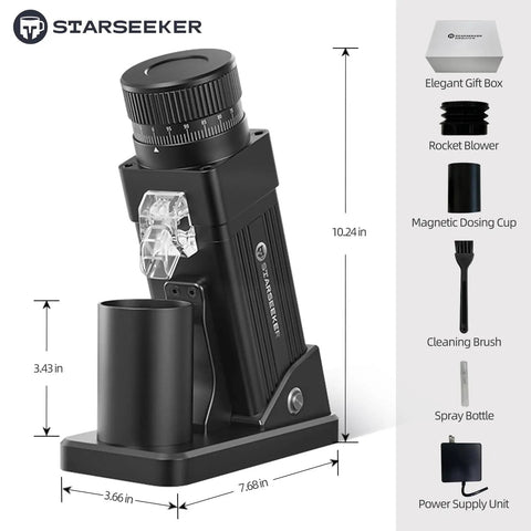 Legendary Electric Coffee Grinder With 55mm Titanium Conical Burr And Dead Straight Stepless Dial Featuring Anti Static Tech For Dope Espresso Pulls In Your Home Rig Setup, black electric grinder on countertop.