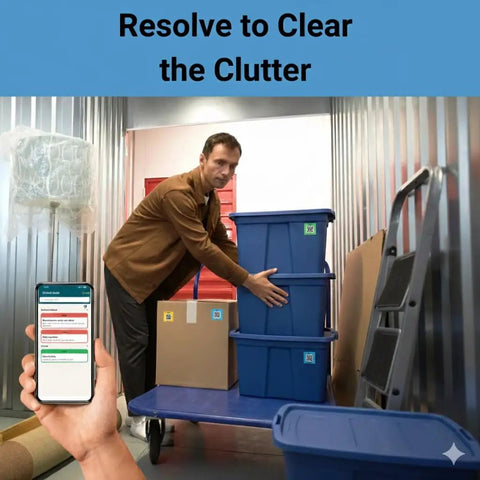 Man organizing items with QR Code Sticker Pack For Storage And Inventory Tracking 48 Labels Color Coded System With App.