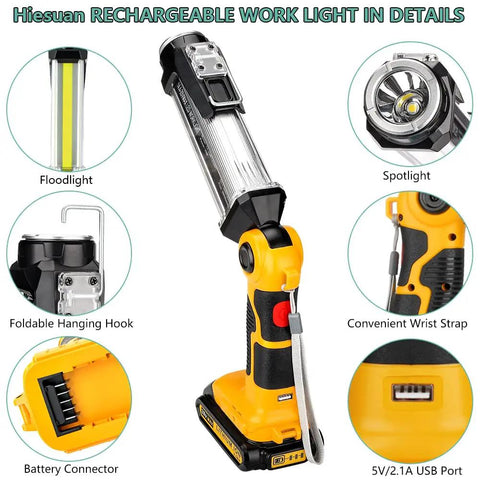 Rechargeable 2000 Lumen Work Light With 3 Modes and USB A Charging Port, Handy Hook For Car Repair, Garage, Jobsite, and Power Outages