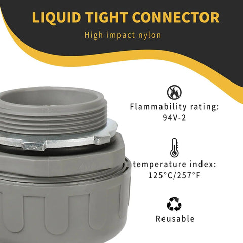 Game Changer 2 Inch Liquid Tight Conduit Connector Grey set showing high impact nylon material and metal locknut features.