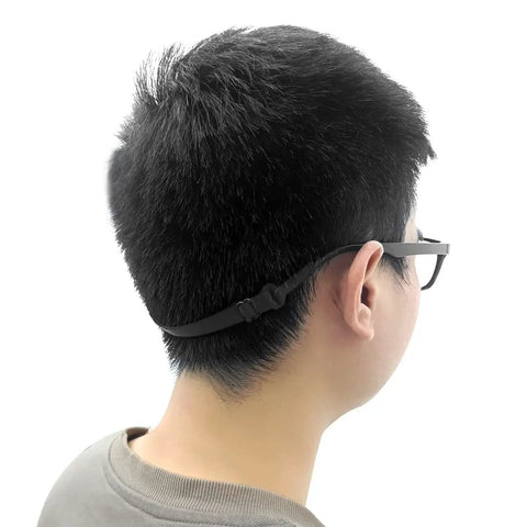 Person wearing No Tail Adjustable Glasses Strap For Kids And Adults That Stays Put And Keeps Sunglasses From Slipping Around Your Neck Silicone Eyewear Holder Black 3 Pack, showing back view.