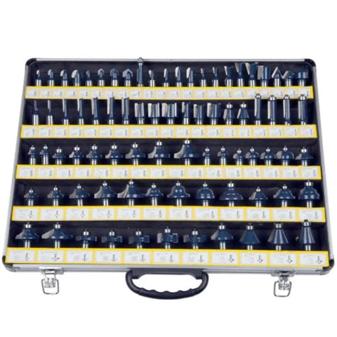 Making Custom Woodwork A Breeze With This Badass Eighty Piece One Quarter Shank Tongue And Groove Router Bit Set Featuring Razor Sharp Carbide Edges And Sturdy Storage Chest For Real Builders in organized carry case.