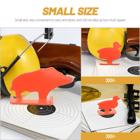 Four Piece Gun Target Set With Animal Silhouette Targets in neon orange stainless steel resting on target sheet