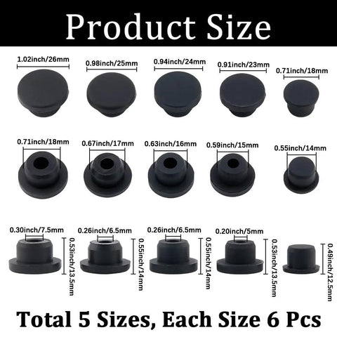 Dope 30 Piece Silicone Stopper Assortment Kit With Five Sizes For Bottles Pipes Flower Pots Flexible Rubber Hole Plugs Waterproof T-Type Button End Covers Black, 5 sizes