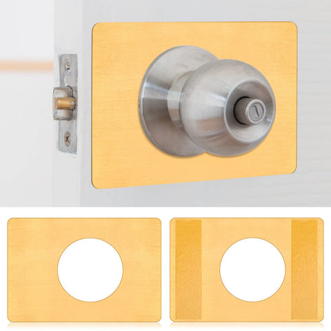 Two Pack Stainless Steel Door Lock Reinforcement Plates With Adhesive Tape Gold Finish installation on door and plate close-up