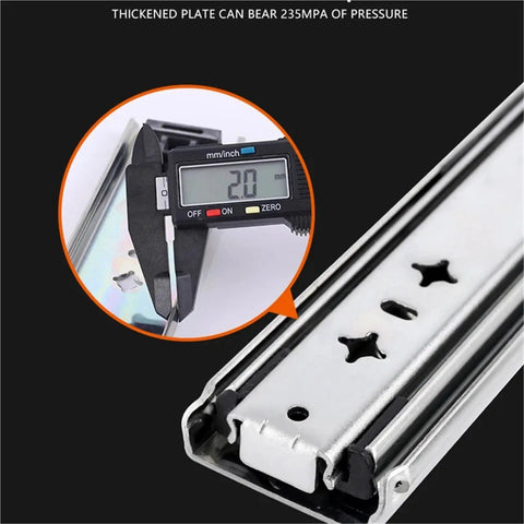Thickened 53mm Heavy Duty Drawer Slide Rails 400mm full extension ball bearing, 260Lb load capacity, with caliper measurement showing 2.0mm