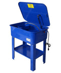 Heavy Duty 20 Gallon Parts Washer With 110V Electric Pump And Flexible Gooseneck Spray Wand showing open lid and internal components.
