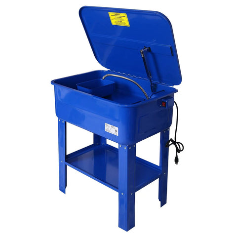Heavy Duty 20 Gallon Parts Washer With 110V Electric Pump And Flexible Gooseneck Spray Wand showing open lid and internal components.