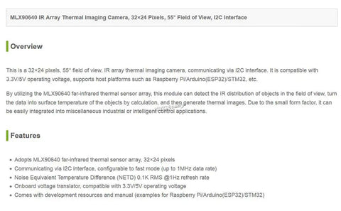 Description and features of Plug And Play 32x24 Pixel Infrared Thermal Camera With 55 Degree Field Of View I2C Interface Three Point Three Volt And Five Volt Compatible Works With Raspberry Pi ESP32 STM32 Arduino For DIY Thermal Imaging.