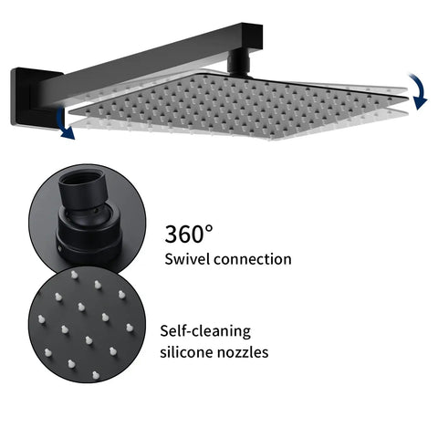 Matte Black Shower System With 10 Inch Rain Head And Handheld Pressure Balance Valve Kit Included showing swivel connection