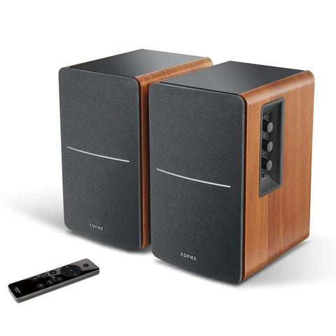 R1280DBs Active Bluetooth Bookshelf Speakers With Optical Input And Sub Out 2.0 Studio Monitor Sound 42W RMS Wood Grain Finish With Remote