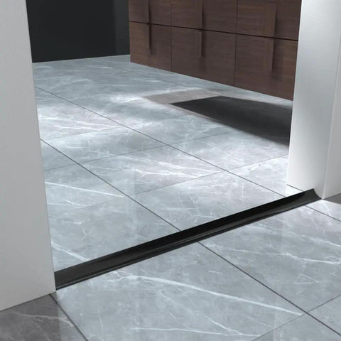 Black silicone water dam barrier on tiled floor for 118 Inch Shower Threshold Water Dam Barrier For Frameless Shower Doors Easy No Fuss Self Adhesive Install Silicone Splash Guard For Kitchen And Bathroom Corner Tub Shower Water Guard White.