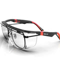 Badass Over Eyeglasses Safety Glasses Featuring Dual Side Antifog Lens And Scratch Proof Coating With UV Protection Z87.1 Rated Impact Resistant Shield For Tradesmen Builders And DIY Pros 6 Pack in black and red with clear lenses.